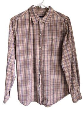 LIZ CLAIBORNE Women's M Button Down Plaid Shirt 100% Cotton Brown/Purple